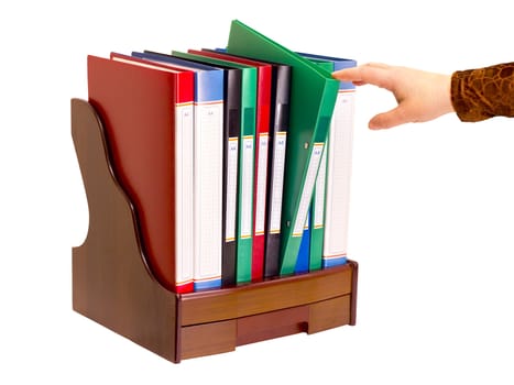 wooden stand with a drawer of folders