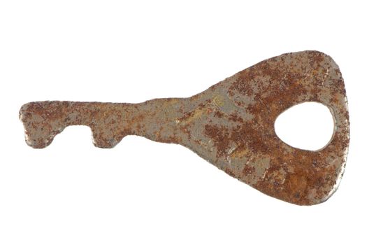 Old rusty key isolated on white background.