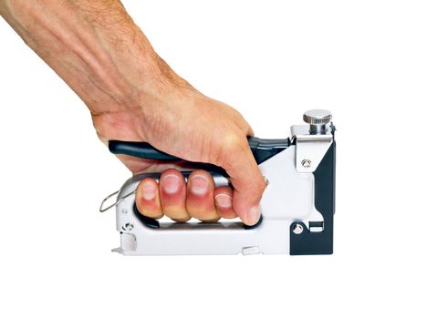 staple gun  in the man's hand on a white background 