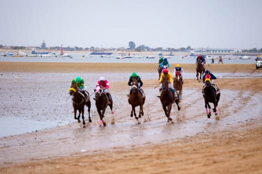 SANLUCAR DE BARRAMEDA, CADIZ, SPAIN - AUGUST 07: Unknown riders of the horses races of the beach of Sanlucar de Barrameda on August 07, 2010 in Sanlucar de Barrameda, Cadiz, Spain.