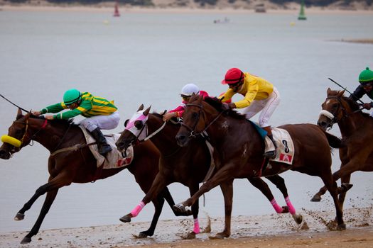 SANLUCAR DE BARRAMEDA, CADIZ, SPAIN - AUGUST 07: Unknown riders of the horses races of the beach of Sanlucar de Barrameda on August 07, 2010 in Sanlucar de Barrameda, Cadiz, Spain.