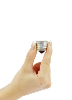  hand holding bulb isolated on white background