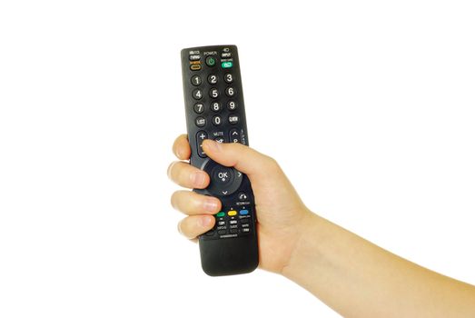 remote control in hand isolated on white background