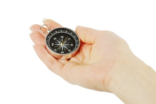 Compass in a hand isolated on the white