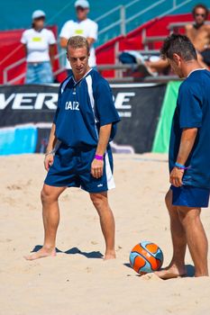 CADIZ, SPAIN -  JUL 30:  Unknown players of the team of Cadiz playing the Spanish Championship of Beach Soccer on Jul 30, 2005 on the beach of La Victoria in Cadiz, Spain