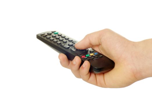 remote control in hand isolated on white background