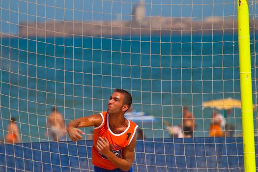 CADIZ, SPAIN -  JUL 22:  Unknown goalkeeper of unknown team playing the Spanish Championship of Beach Soccer on Jul 22, 2006 on the beach of La Victoria in Cadiz, Spain
