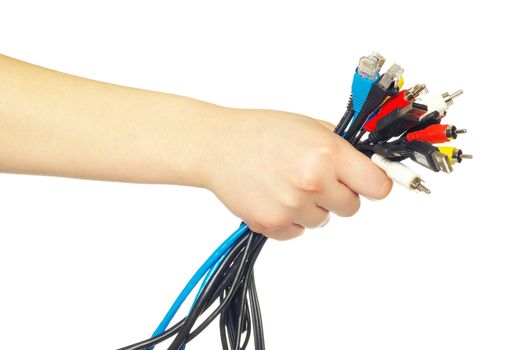 Computer cables in hand isolated on white background