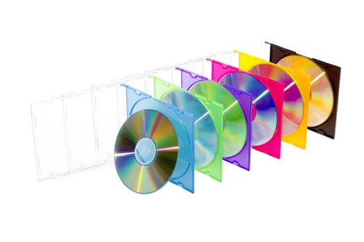 CD in colorful boxes lined up in a number of