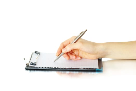 pen in hand isolated on wood background