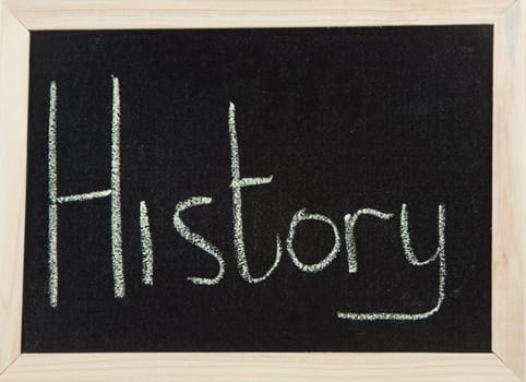 A black board with a wooden frame and the word 'HISTORY' written in chalk.