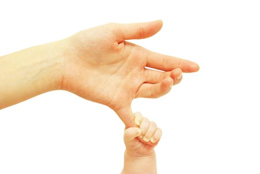 Baby hand holding mother finger isolated on white