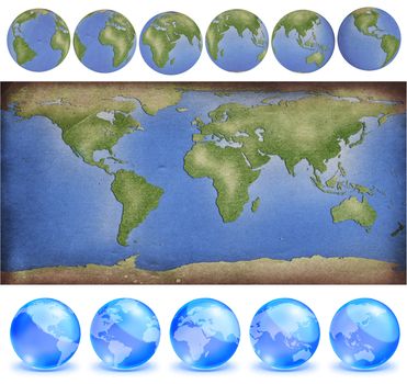 grunge paper world map with earth globes in paper style and crystal style