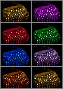Collage of glowing LED garland on black background