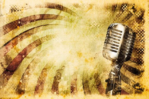 Grunge music background with old microphone