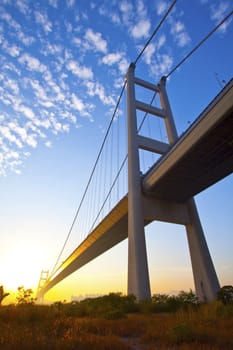 Tsing Ma Bridge in Hong Kong at sunset time