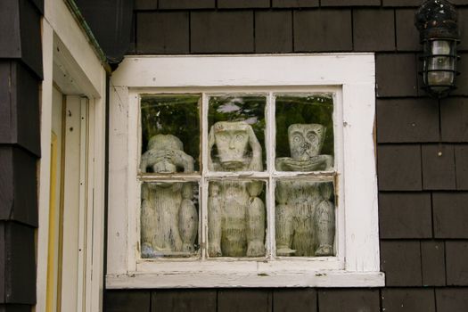 Three monkey behind window