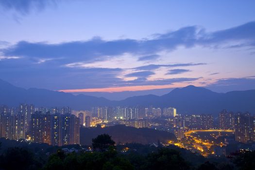 Hong Kong downtown at sunset time