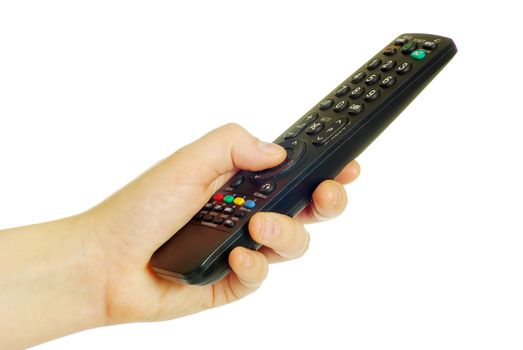 remote control in hand isolated on white background