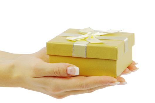 Hand and gift isolated on white background