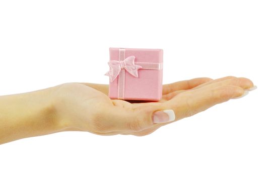 Hand and gift isolated on white background