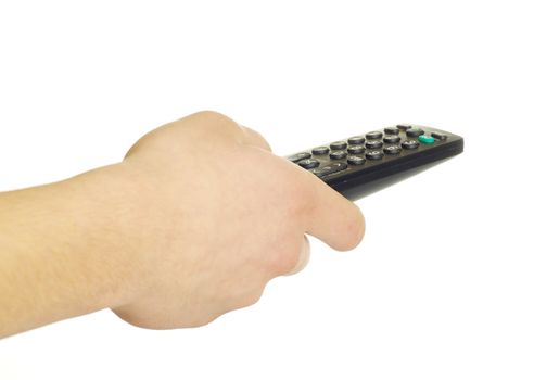 remote control in hand isolated on white background