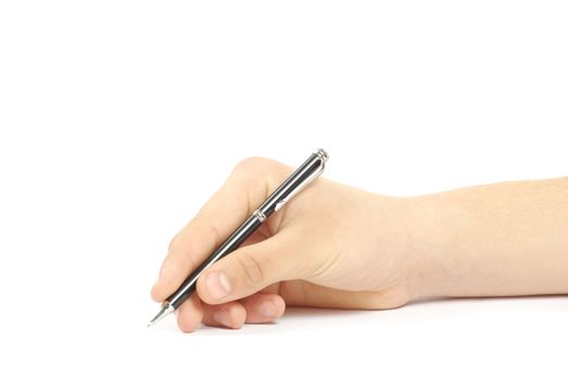 Hand and pen on the white background