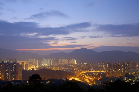 Hong Kong downtown at sunset time