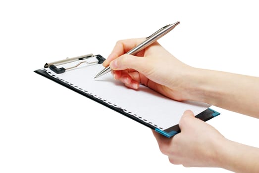pen in hand isolated on wood background