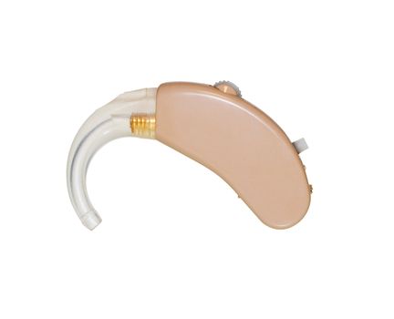 Single used analog hearing aid with its reflection.