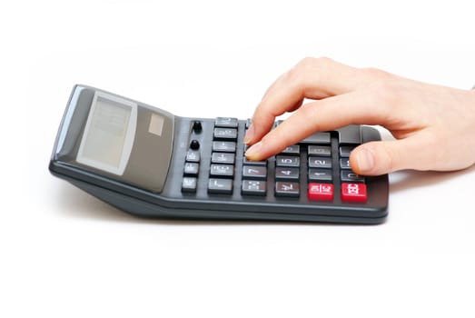 calculator with hand isolated on white