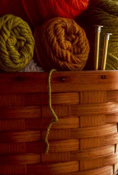 Skeins of wool yarn in a basket with knitting needles