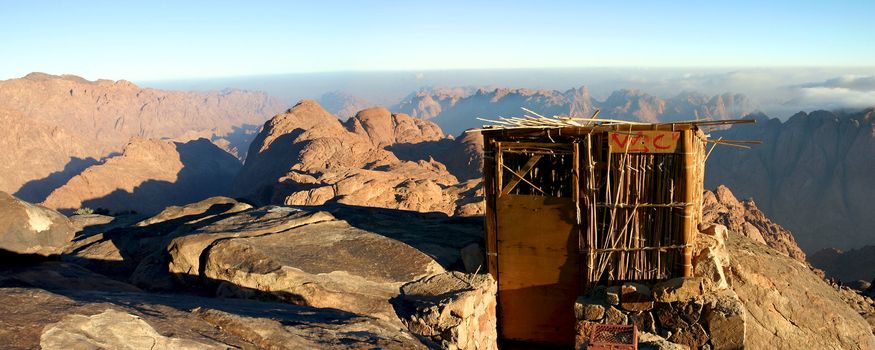Toilets with sunrise on the mountain Mt Sinai in Egypt