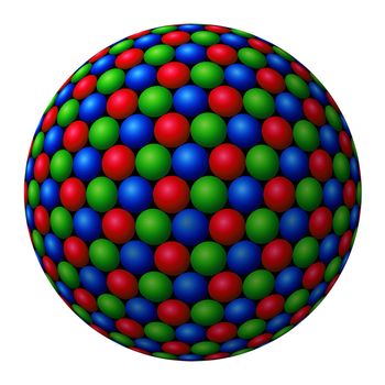 A cluster of red, green and blue (RGB) spheres forming a larger fractal sphere on white background