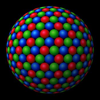 A cluster of red, green and blue (RGB) spheres forming a larger fractal sphere on black background