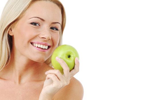 blond woman eat green apple on white