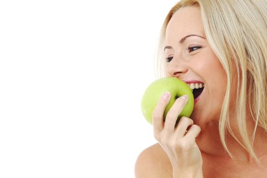 blond woman eat green apple on white