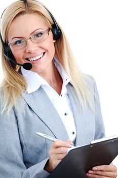 woman call with headset close portrait