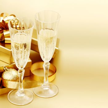 golden christmas background champagne gifts ball