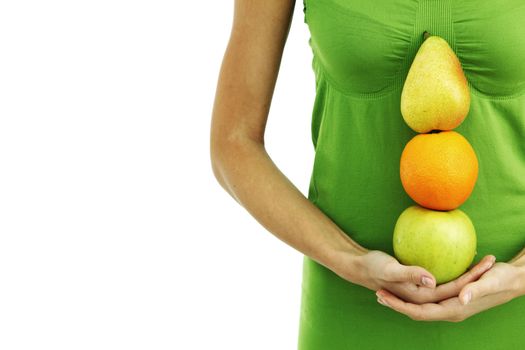 fruit pile in woman hands on white