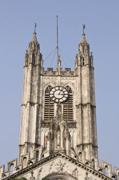 Main tower of St Paul's Cathedral in Kolkata, India. Gothic style white building completed in 1847.