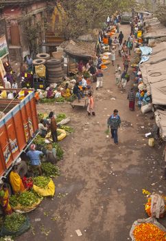 Busy flower market in Kolkata, West Bengal, India