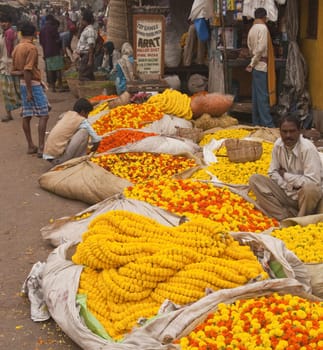 Busy central flower market in Kolkata, West Bengal, India