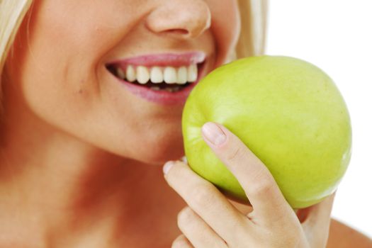 woman eat apple macro close up