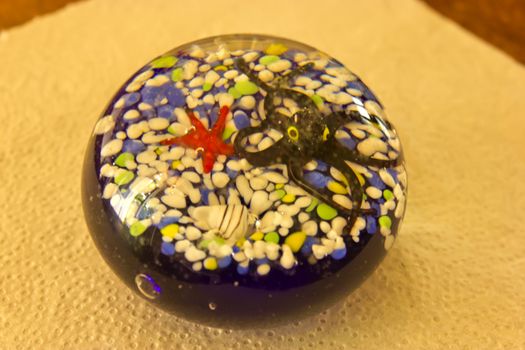 A glass globular paperweight with marine life inside.