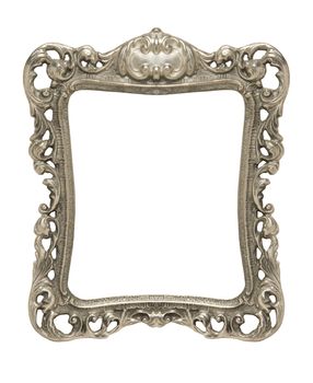 An ornate pewter picture frame silhouetted against a white background