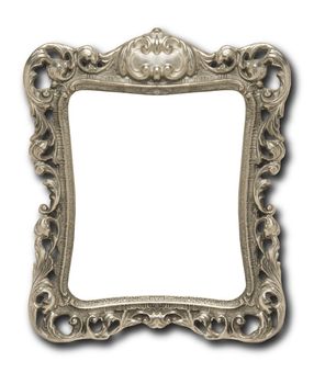 An ornate pewter picture frame against a white background with drop shadow