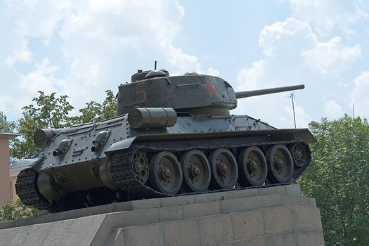 Tank on the pedestal. Monument to the tankers World War II.