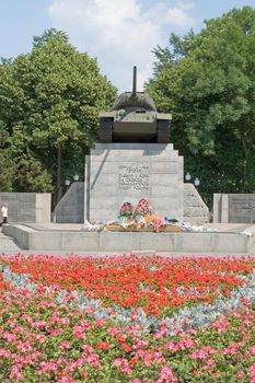 Tank on the pedestal. Monument to the tankers World War II.