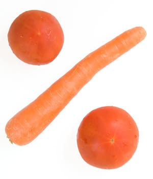 percent sign. fresh carrot and tomatoes on a white background
